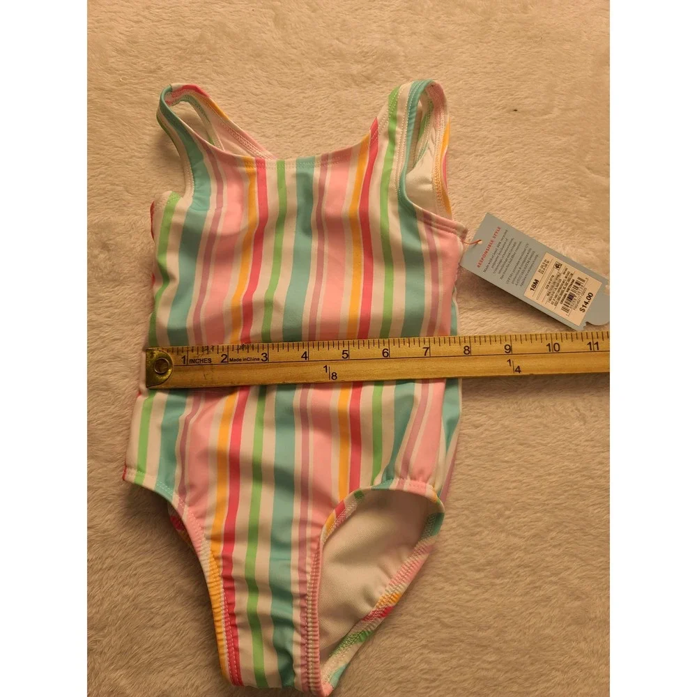 Cat & Jack Toddler Girls 18M Striped One Piece Swimsuit UPF 50+ Pink Teal NWT